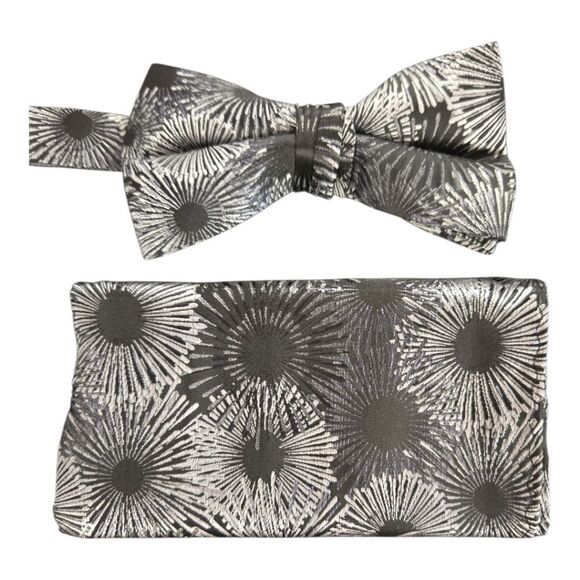 STACY ADAMS BLACK GRAY WHITE  FASHION BOXED BOW TIE & POCKET SQUARE SET.ST - Picture 2 of 4